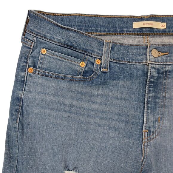 Levi's Boyfriend Jeans Womens 32x27 Blue Tapered Mid Rise Distressed Stretch - Picture 4 of 9